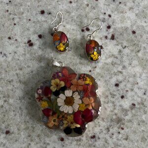 Floral Sterling Silver Pendant and Matching Sterling Silver Pierced Earrings